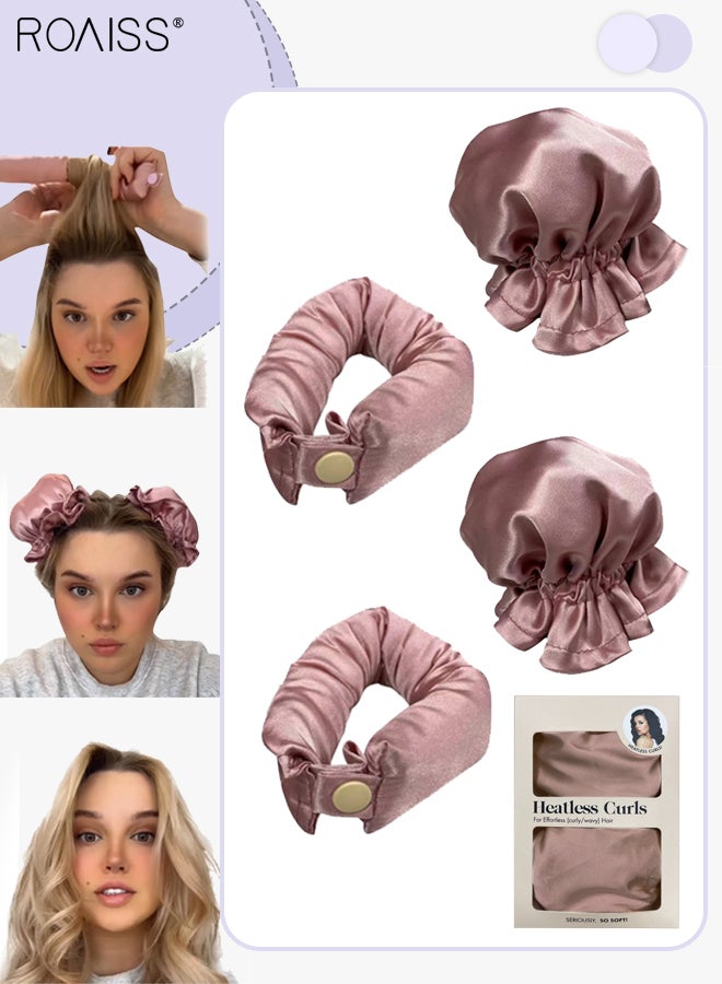 4Pcs New Satin Heatless Hair Curler, Hair Rollers for Heatless Curls with Hair Caps, Soft Curling Rod Headband for Long Hair, Curling Set for Sleep in Overnight (Pink)