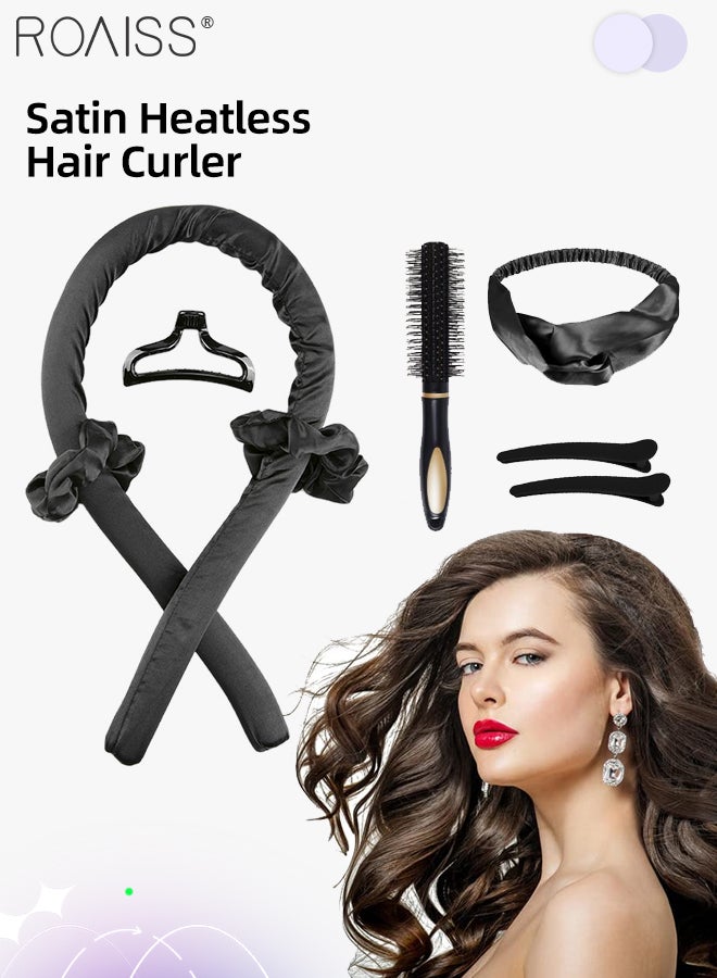 Satin Heatless Hair Curler, Heatless Curls Headband Set of 8 with Scrunchies, Clips, Face Wash Headband and Comb, Hair Rollers for Women Long Hair Styling Tools, Soft Rubber Curling Rod Set
