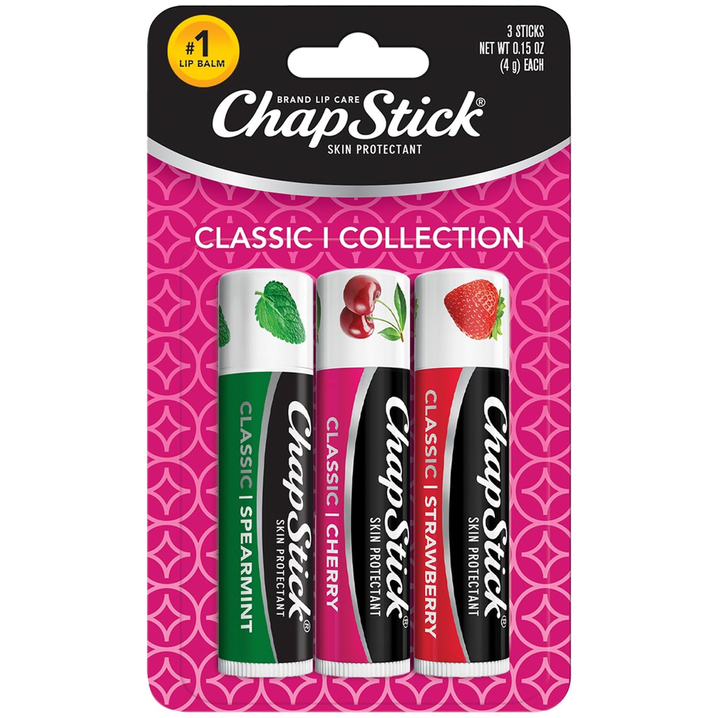 ChapStick Lip Care Set, Classic Collection 3-Pack â€“ Spearmint, Cherry, and Strawberry Lip Balm, 0.15 Oz Ea