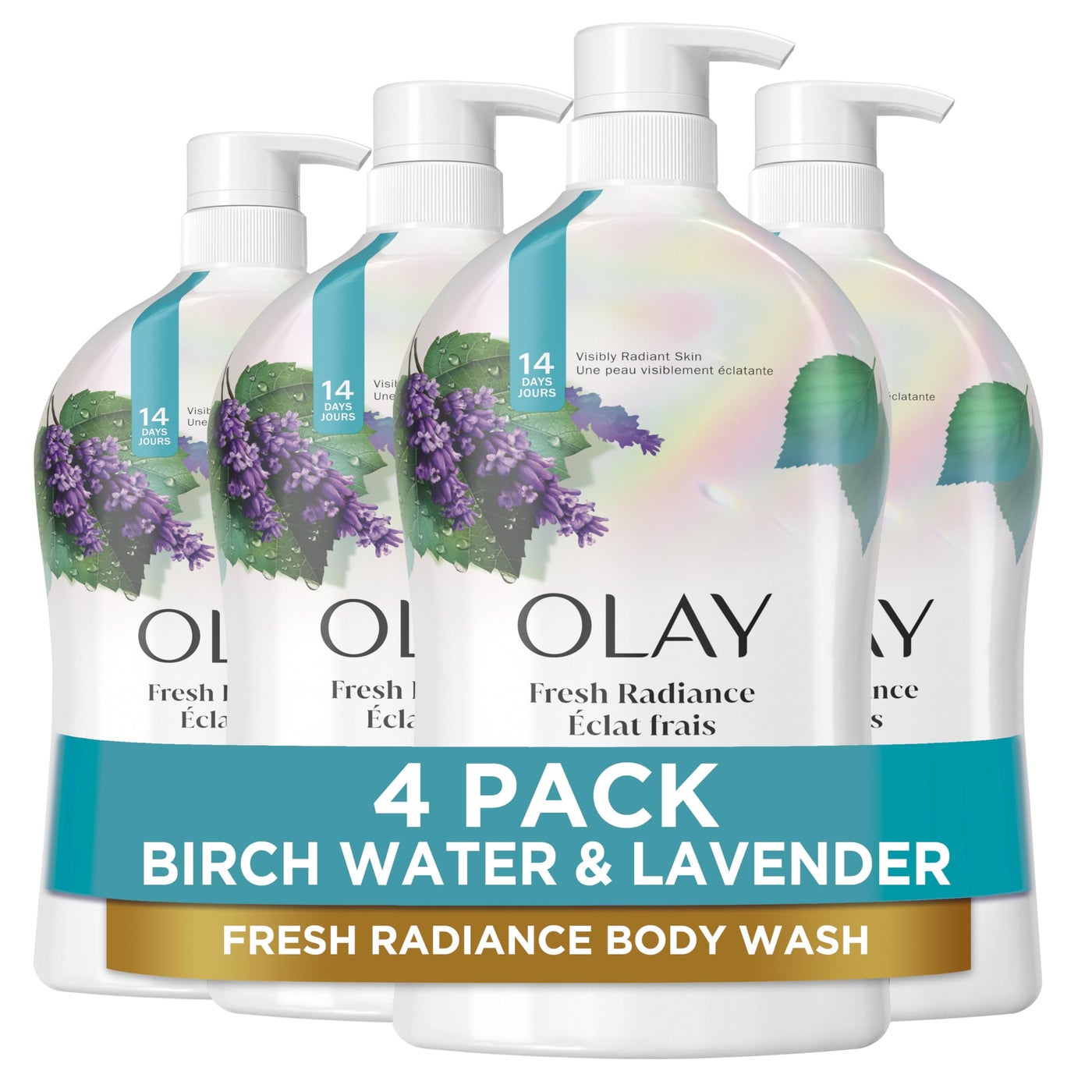 Olay Body Wash for Women, Fresh Radiance, Refreshing & Renewing, Made with Plant Based Cleansers, B3 Botanical Complex, For All Skin Types, Birch Water & Lavender Scent, 33 fl oz (Pack of 4)