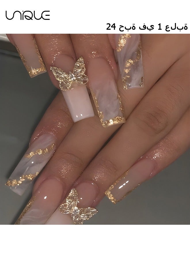 24Pcs Fake Nails, Press Nails, Mid-length Ballet Manicure - White Gradient Gold Foil Manicure - Golden Butterfly Manicure - Fake Nail Patch