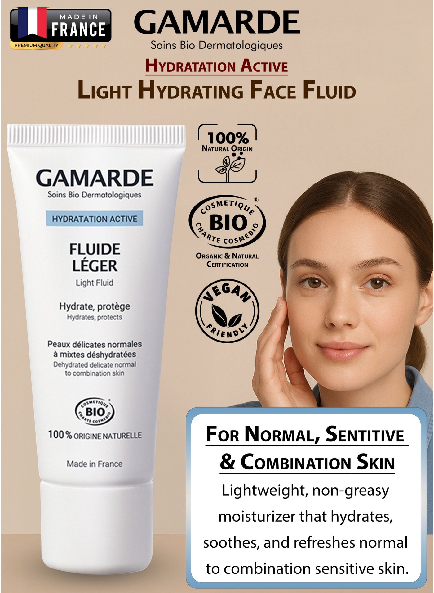 Light Hydrating Face Fluid with Hyaluronic Acid & Argan Oil Non-Greasy Vegan Moisturizer for Normal to Combination Sensitive Skin Organic Aloe Vera & Plant-Based Formula 40ml Made in France