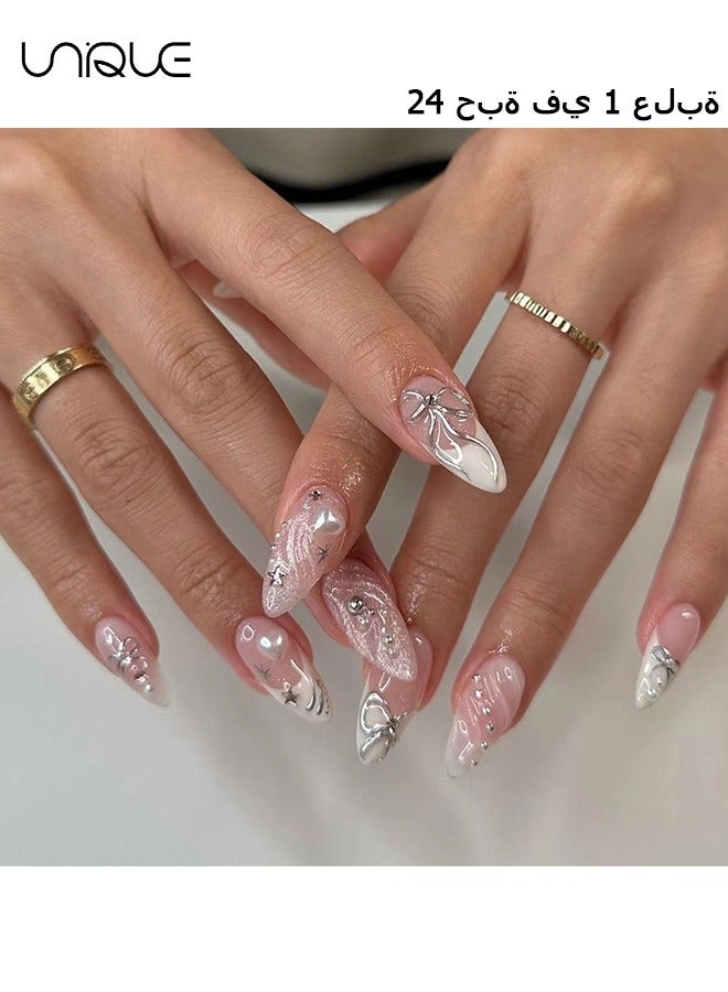 24 Pcs Fake Nails - Press Nails - Long Almond Manicure - Star Butterfly Knot Manicure - 3D Heart Glitter Manicure - Fake Nail Patch