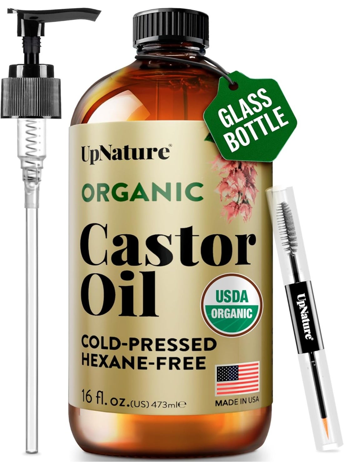 UpNature Organic Castor Oil in Glass Bottle (16 oz) 100% Pure Cold Pressed Unrefined Castor Oil for Hair Skin Face (Hexane Free)