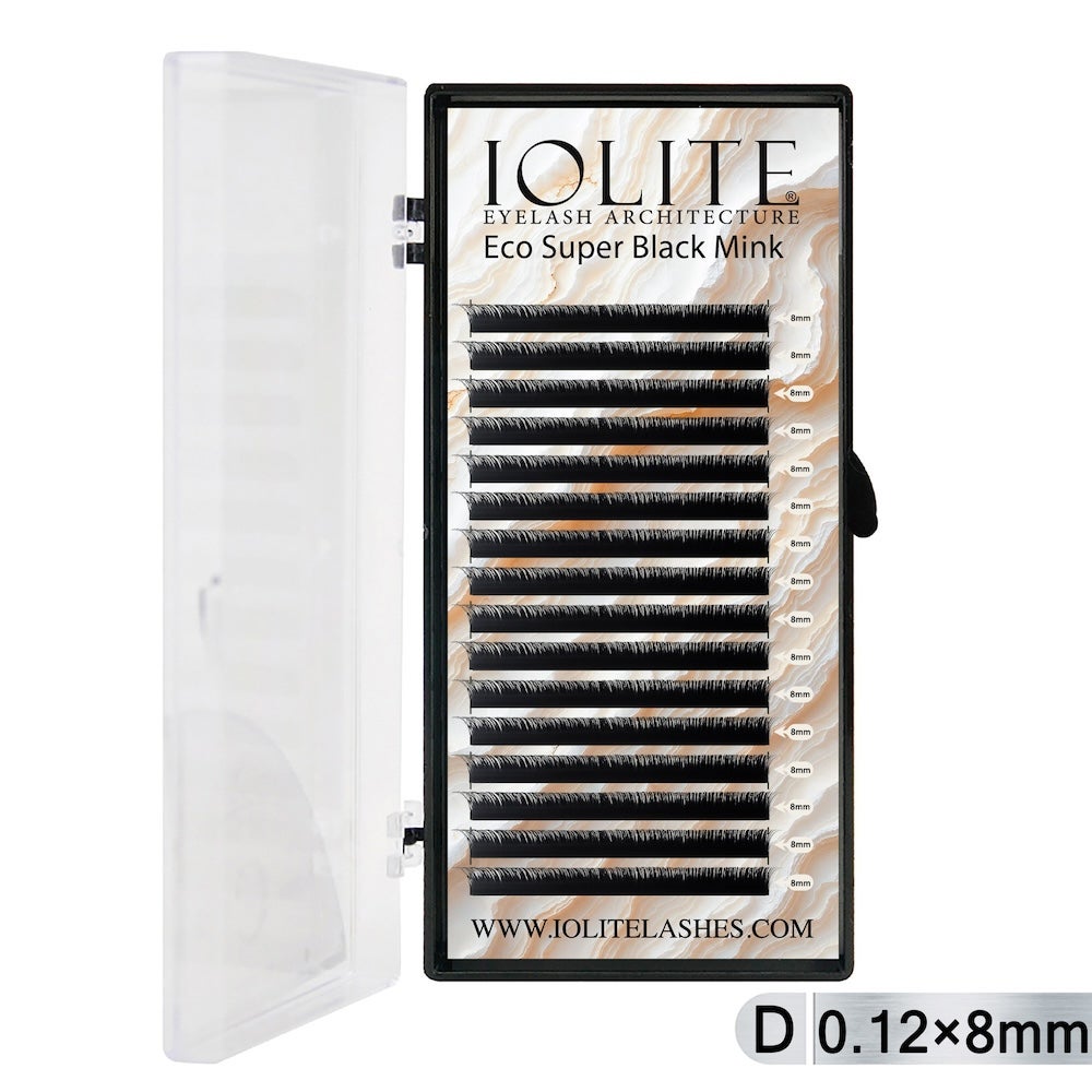 Iolite Super Black Mink Lash Extension – D Curl 0.12T Mix (6mm–15mm) | Premium Black Mink Eyelash Extension Tray for Lash Artists ISBMD12T - 8MM