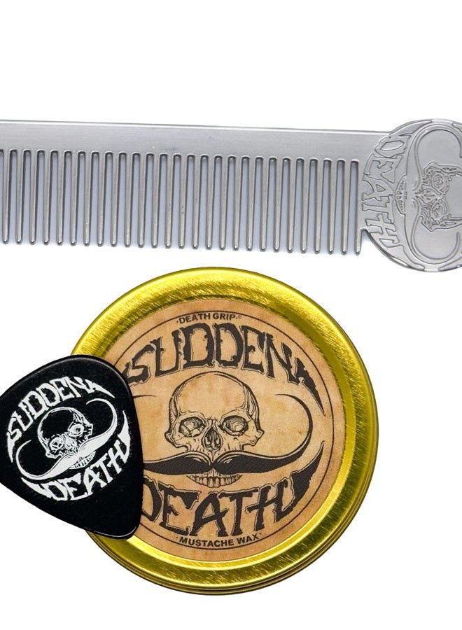 Mustache Wax Strong Hold Sudden Death 1 oz Tin & Platinum Death Grip Mustache Comb Mens Combo Kit - Grooming For Men Handlebar Moustache & Beard Wax Styling