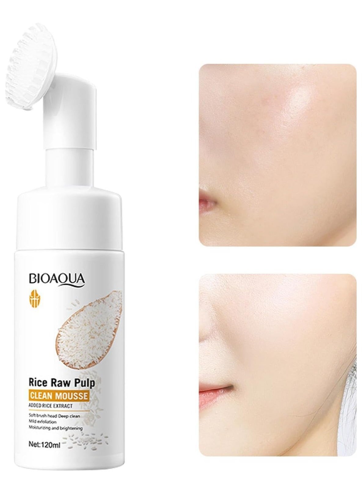 Rice Water Facial Cleanser, Raw Rice Pulp, 120ml Foaming Facial Cleanser, Soothing Facial Cleanser with Brush Head, Clear Face Wash