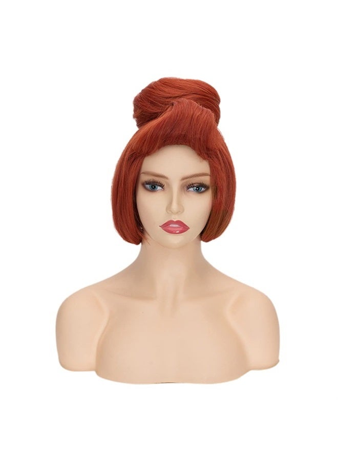 50s Women Wig Wilma Halloween Costume for Women,The Flintstones,60s Short Red Vintage Updo Halloween Costume Bun Party Wig With White Beads Necklace (Red)