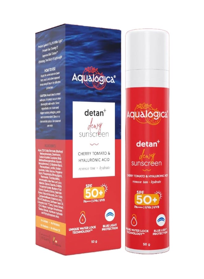 Detan+ Dewy Sunscreen with SPF 50+ & PA++++ for UVA/B & Blue Light Protection & No White Cast - 50g