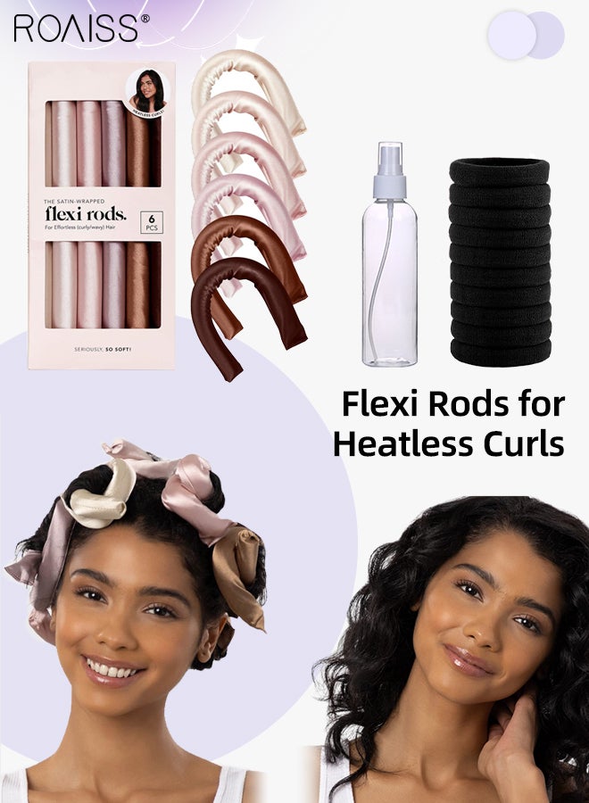 6-Piece Heatless Hair Curler with Hair Ties and Spray Bottle Set, Flexi Rods for Heatless Curls for All Hair Types, Satin Covered Curlers to Sleep in, No Heat Rollers for LongShort Hair
