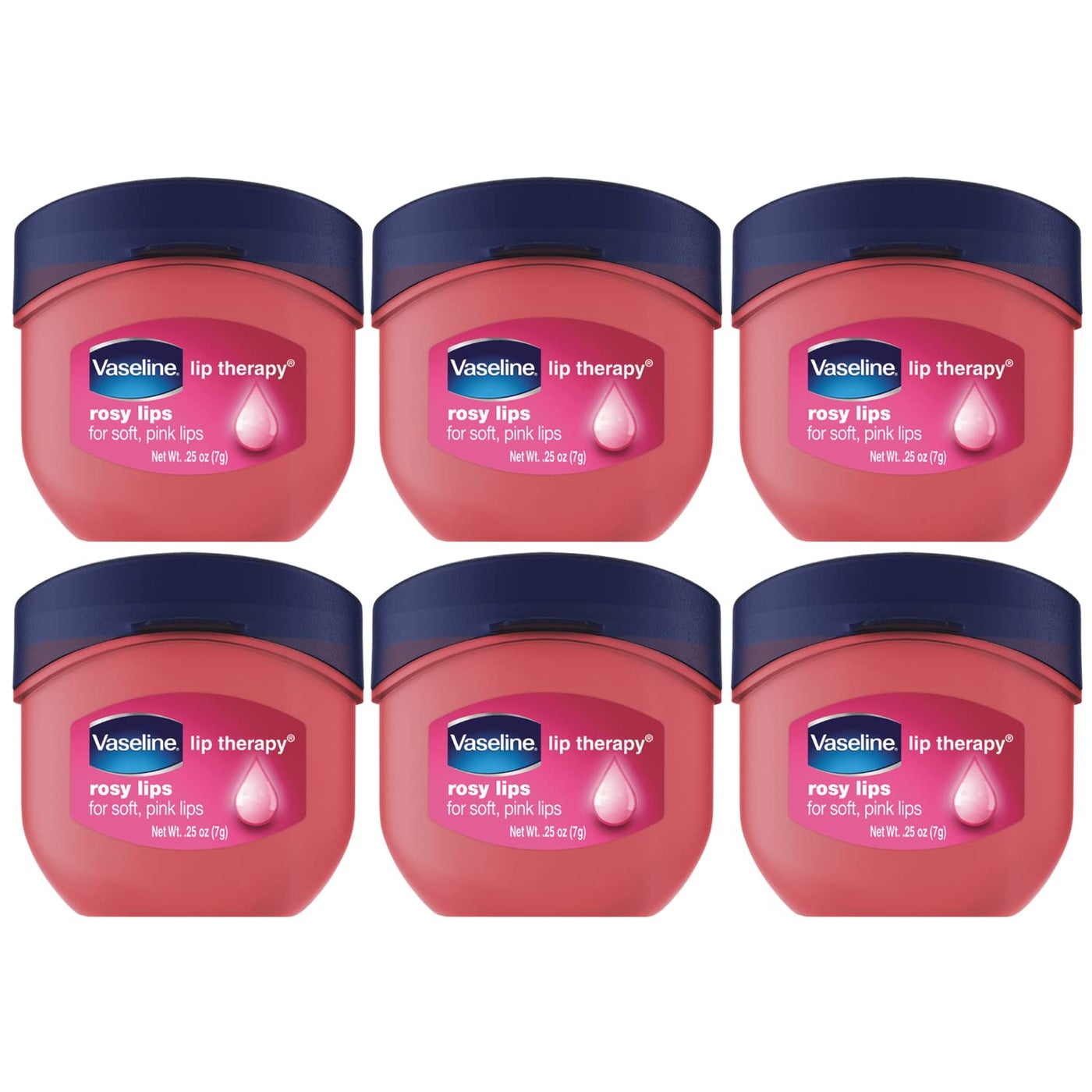 Vaseline Lip Therapy Rosy Lips 6-Pack â€“ Moisturizing Lip Balm for Very Dry Lips in Mini Jars, 0.25 Oz Ea