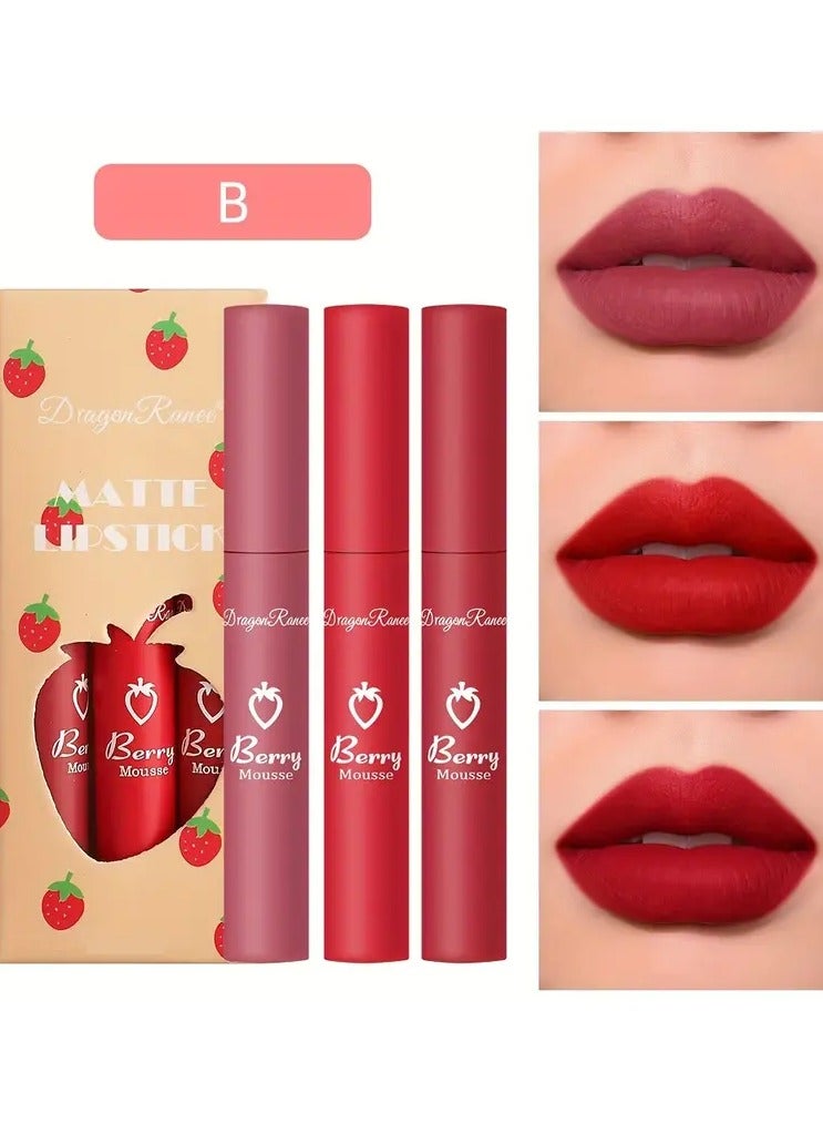 DragonRanee Matte Lipstick Set of 3 - Velvet Finish, Alcohol-Free Long-Lasting Lip Color, Suitable for All Skin Types, Made with Nourishing Petrolatum - Non-Sticky & Transfer-Resistant Lip Butter Kit