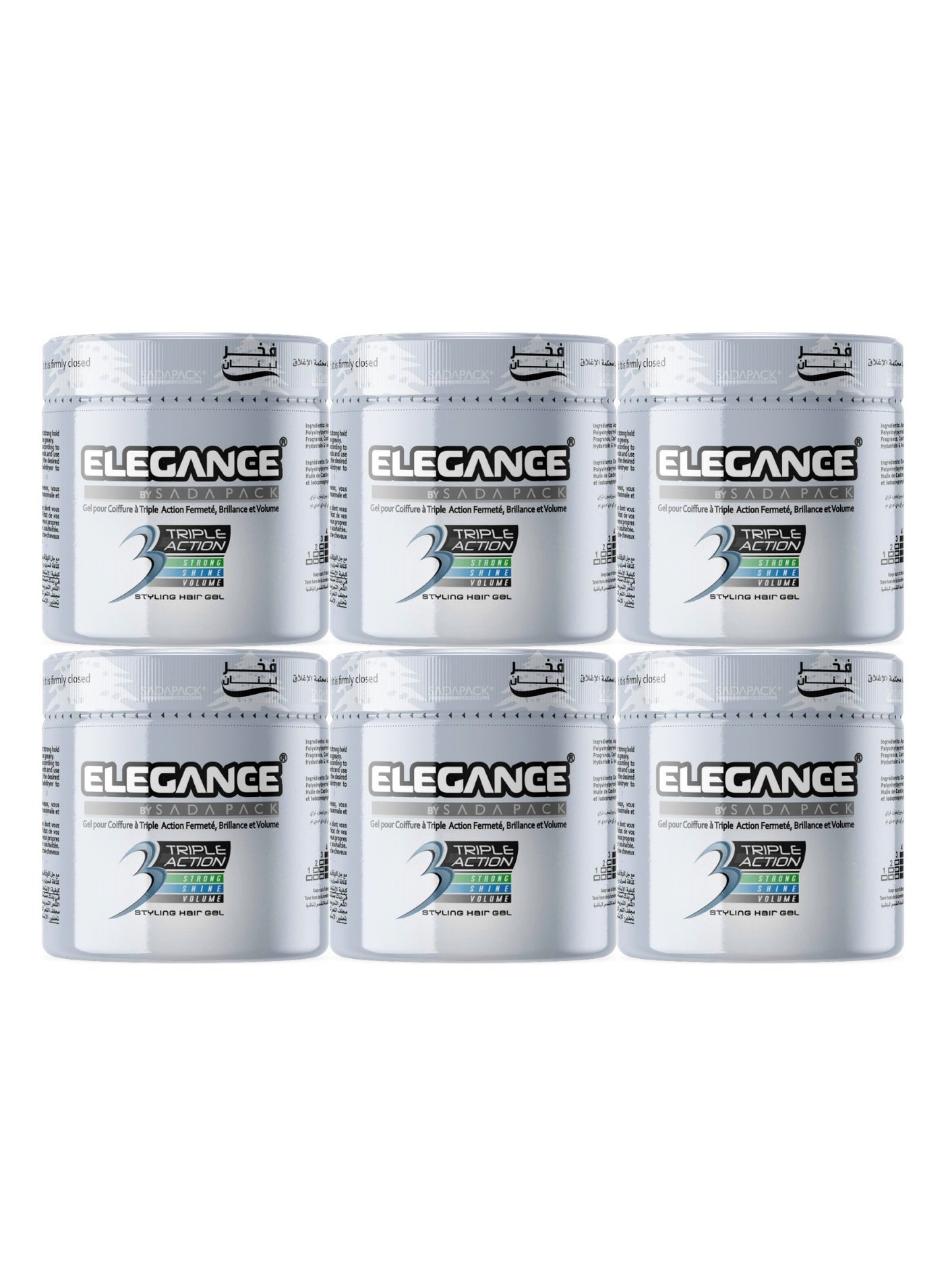 Elegance Triple Action Hair Gel – Silver – 250ml – Pack of 6 | Strong Hold, Shine & Volumizing Styling Control