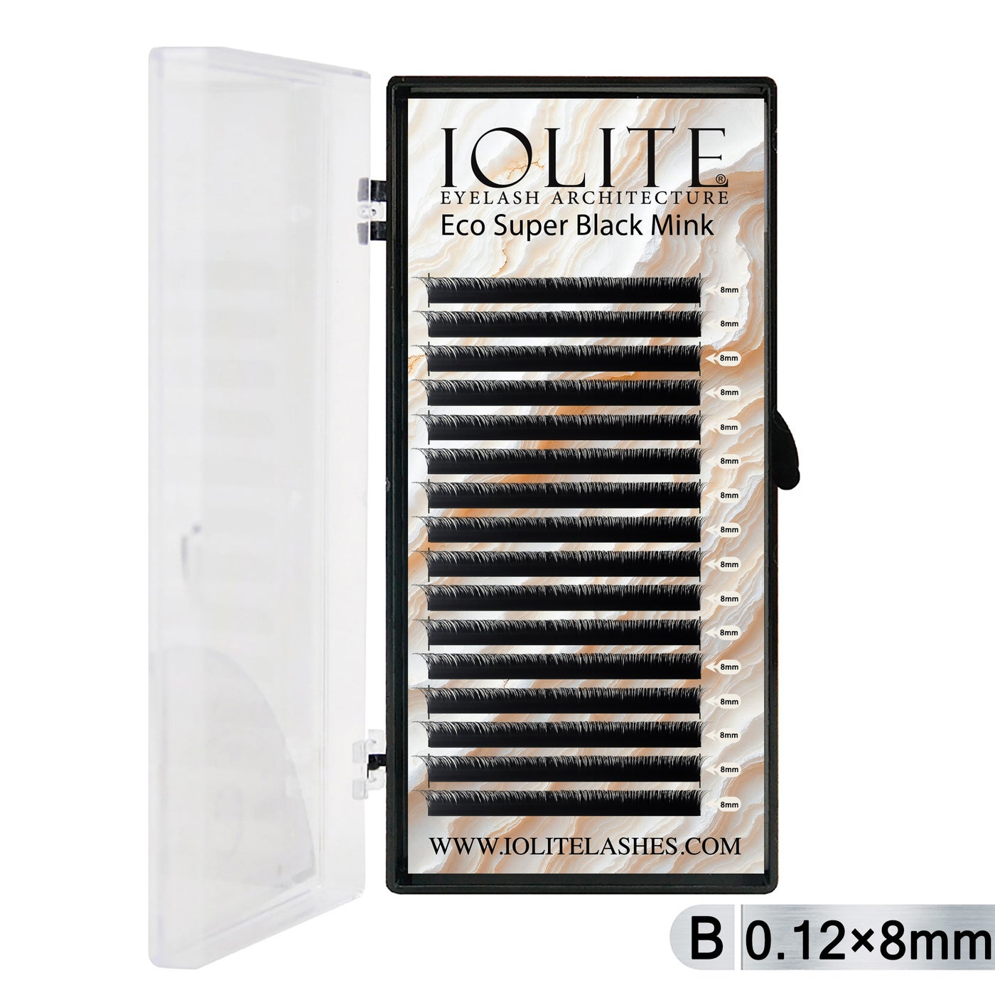 Iolite Super Black Mink Lash Extensions – B Curl 0.12T Mix (6mm–15mm) | Premium Black Mink Eyelash Extension Tray for Lash Artists ISBMB12T - 8MM