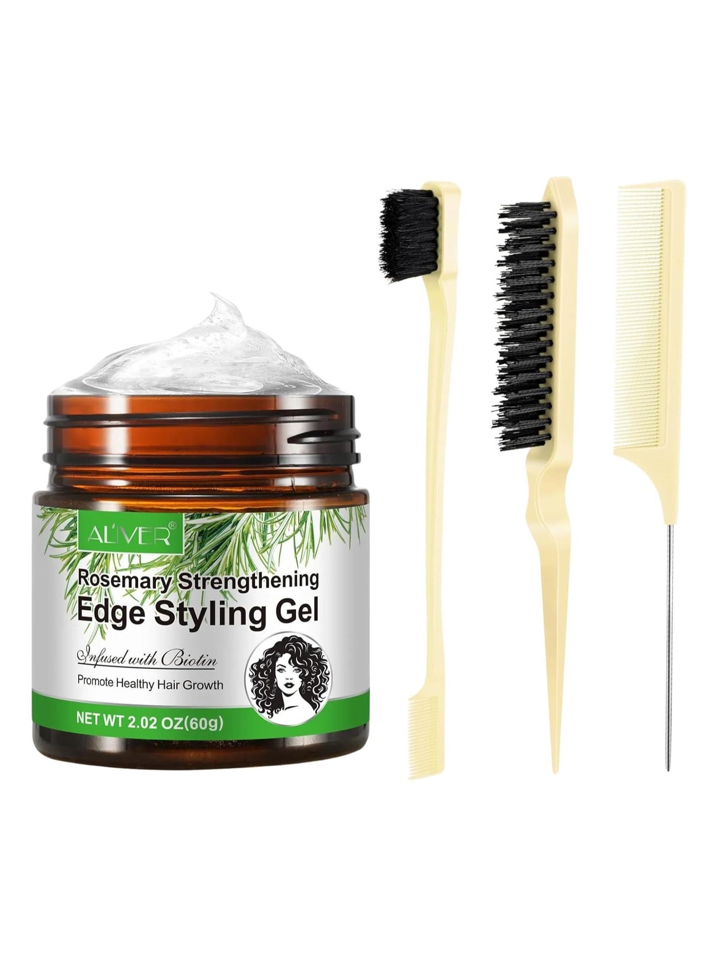 60g Rosemary Edge Styling Gel with 3 PCS Edge Control Brush Hair Slick Stick Gel Rosemary Strengthening Edge Styling Gel for Hair Styling & Growth Bristle Brush for Flyaways Teasing Brush