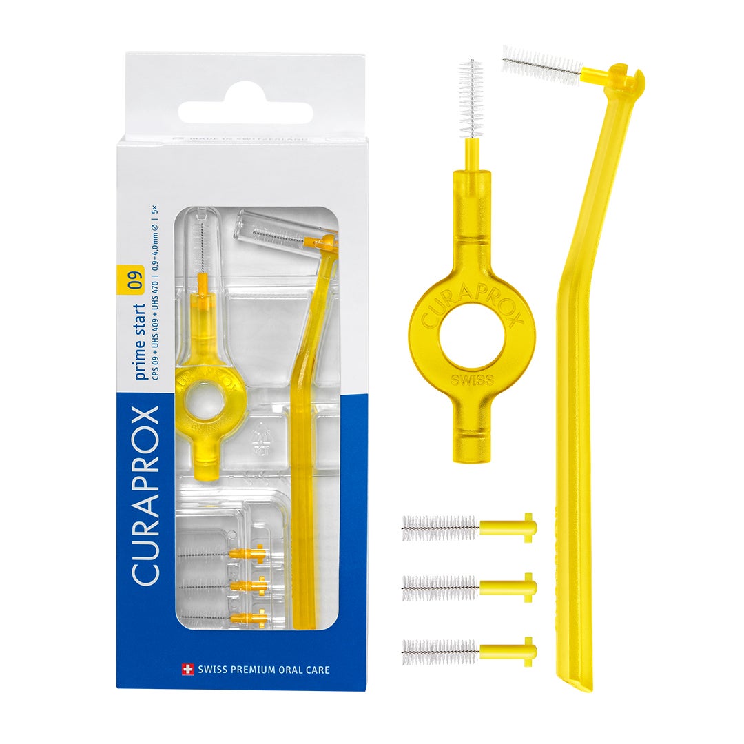 CPS Prime 09 Interdental Brush Kit | 5 Ultra-Fine 0.9mm Brushes with 2 Holders for Effective Cleaning | Gentle Plaque Removal, Yellow