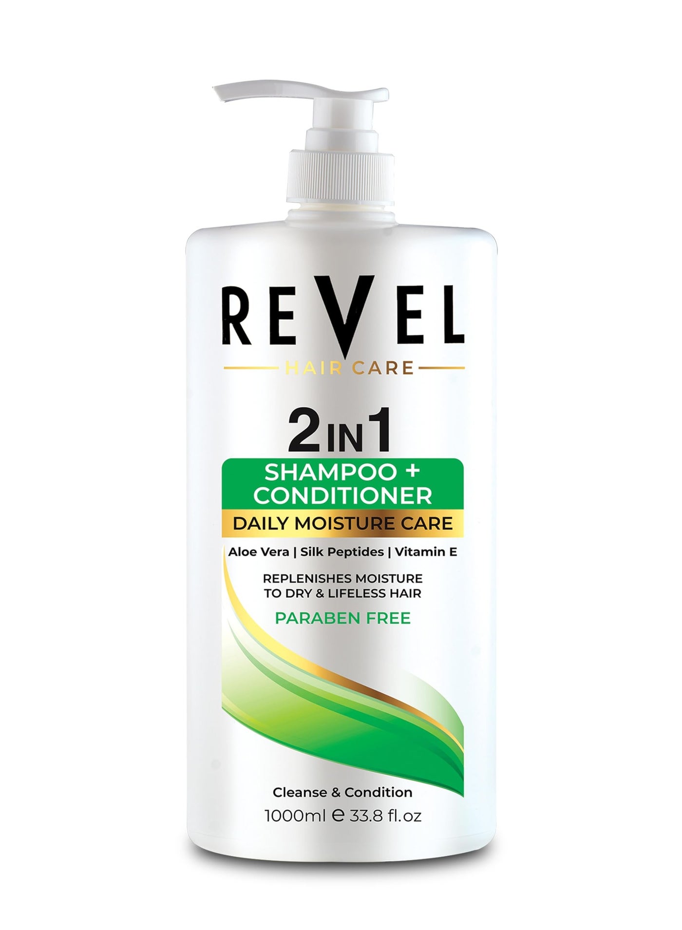 Revel Hair Care Daily Moisture Care 2 In 1 Shampoo + Conditioner 1000ml, Aloe Vera, Silk Peptides, Vitamin E, For Men & Women, Shampoo & Conditioner, Paraben Free, Sulfates Free, Daily Care