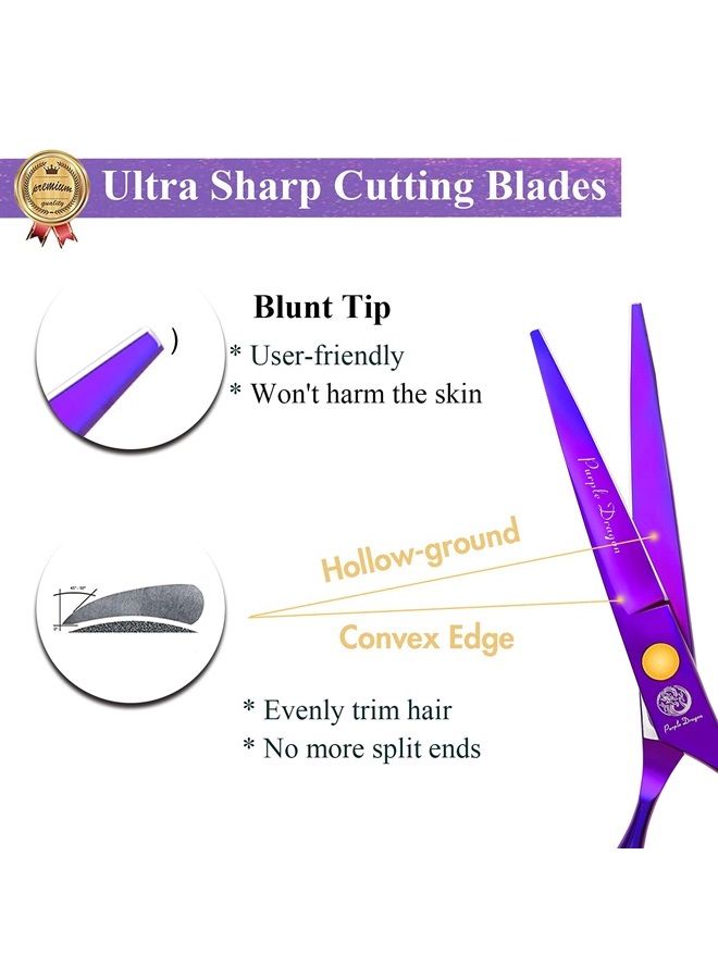 5.5 inch Purple Hair Cutting Scissors Set with Razor, Leather Scissors Case, Barber Hair Cutting Shears Hair Thinning/Texturizing Shears for Professional Hairdresser or Home Use (Purple)