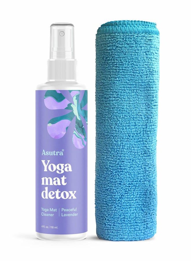 Yoga Mat Cleaner Spray (Peaceful Lavender), 4 fl oz - No Slippery Residue, Organic Essential Oils, Deep-Cleansing for Fitness Gear & Gym Equipment, Microfiber Towel Included