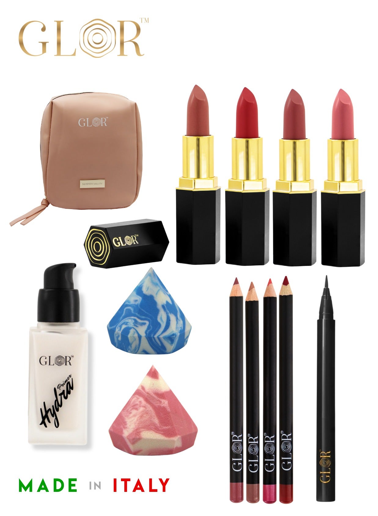 Glor Endless Charm Lipstick 4 Shades – Intense Long-Lasting Color, Luxurious Moisture, Ultra-Creamy Formula for Beautiful Lips  +   Glor Endless Charm Ultimate Precision Lip Liner - 4 Shades –Vegan, Allergen-Free, Long-Lasting Lip Definition +  Glor Face & Eye Hydration Primer  + Glor Precision Eyeliner +  Cosmetics Bag +  Beauty Blender