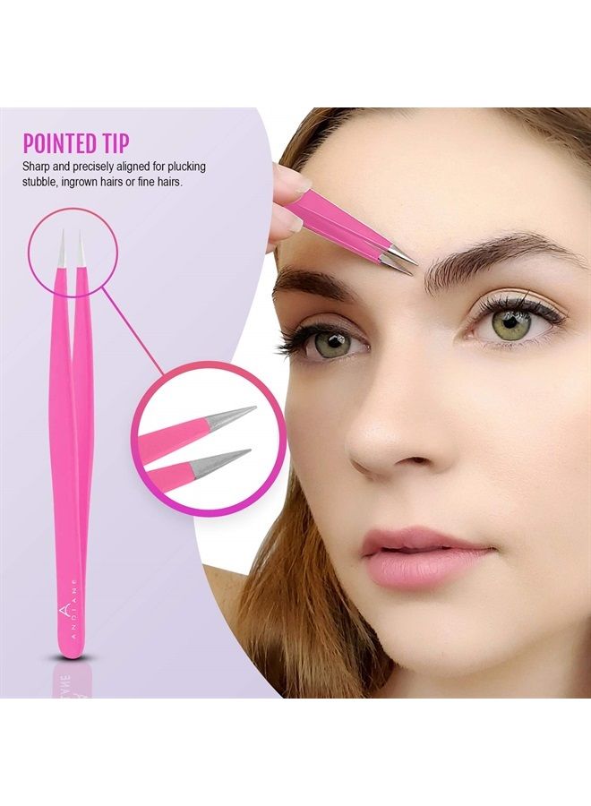 Tweezers Set - Professional Stainless Steel 5-Piece Precision Tweezer for Men & Women - Great for Facial Hair Removal, Eyebrow Shaping, Splinters & Ingrown (Pink)