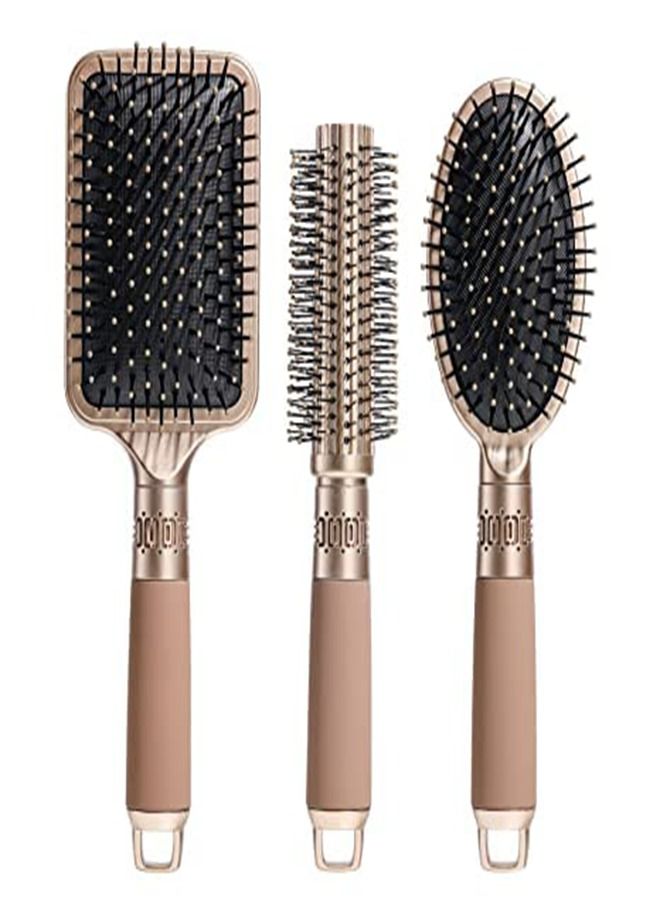 Hair Brush Set,Anti Static Massage Oval Comb with Detangling Nylon Pins Massage Paddle BrushTail Comb Wet Dry Brush for Women Men Hair Styling (Gold)