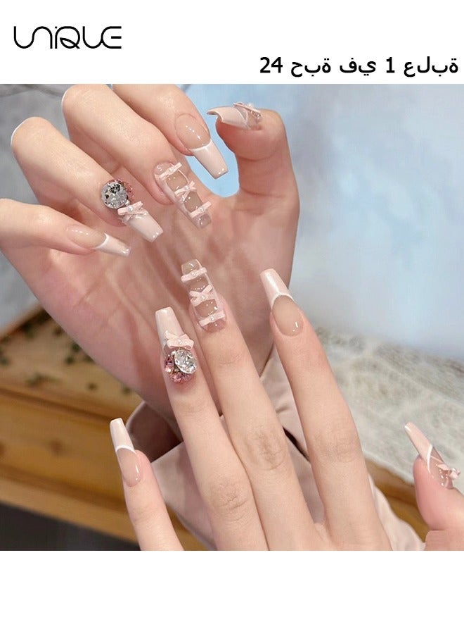 24Pcs Fake Nails, Press Nails，Mid-length Ballet Manicure - Ballet Shoes Manicure - Diamond Bow Manicure - Fake Nail Patch