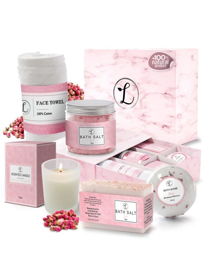 Spa Gift Set 100% Natural, Gift Box Includes: Bath Bomb, Bath Salt, Hand Soap, Scented Candle, Face Cloth and Gift Box. Best Gift for Her. (Rose)