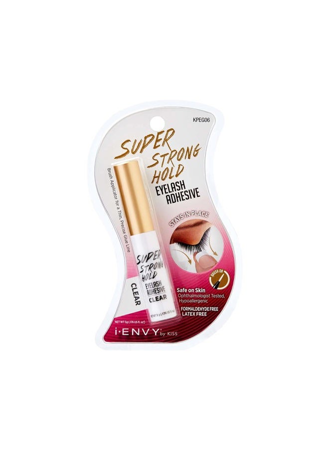 Super Strong Hold Eyelash Adhesive, Waterproof, 48-Hour Long-Lasting Lash Glue, Latex-Free, Hypoallergenic, Quick-Drying with Brush-On Applicator for Strip Lashes (Clear, 1 Pack)