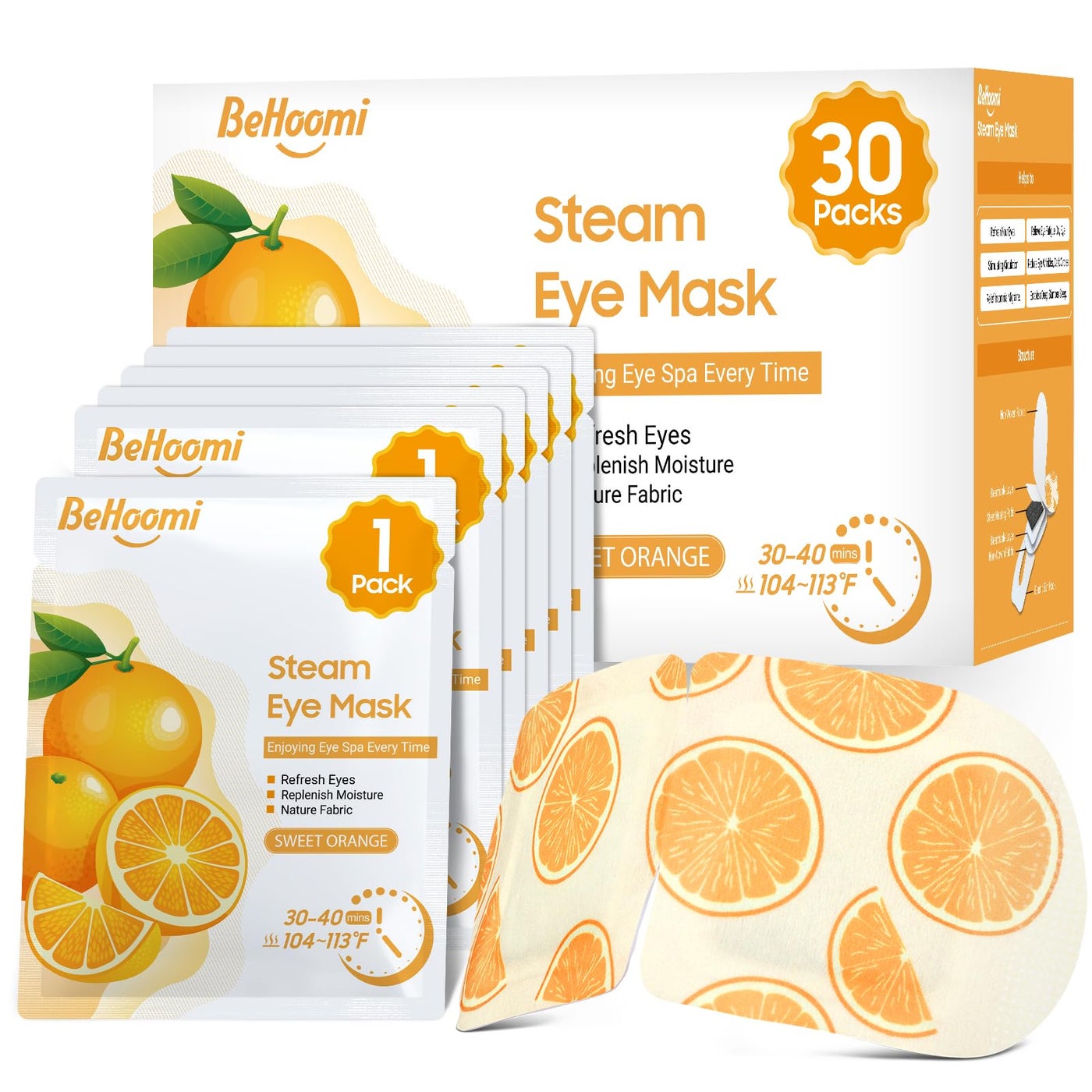 BeHoomi 30Packs Steam Eye Mask, Heated Eye Mask Warm Compress for Eyes, Self Heating Disposable Steam Mask for Home Sleep, Spa, Travel Essentials & Relaxation Gifts, Stocking Stuffers (Sweet Orange)