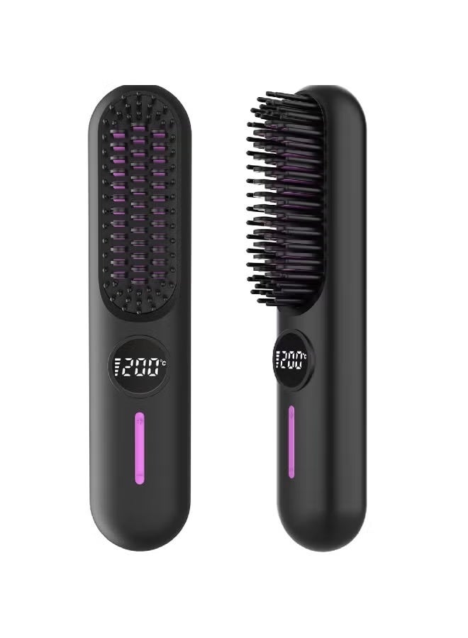 Wireless Hair Straightening Brush with Ceramic Heating Teeth, Cordless 2-in-1 Straightening & Curling Comb with 7 Adjustable Temperature Settings, Type-C Fast Charging, LED Display, Negative Ion Technology for Smooth, Shiny & Frizz-Free Styling, Portable Travel-Friendly Hair Tool for Work, Home & Daily Use (Black & Purple)