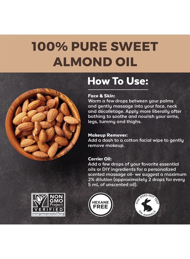 Almond Oil (16 oz); Sweet Almond Oil for Skin or Almond Oil for Hair, The Perfect Natural Body Oil for Women, Great as Unscented Massage Oil