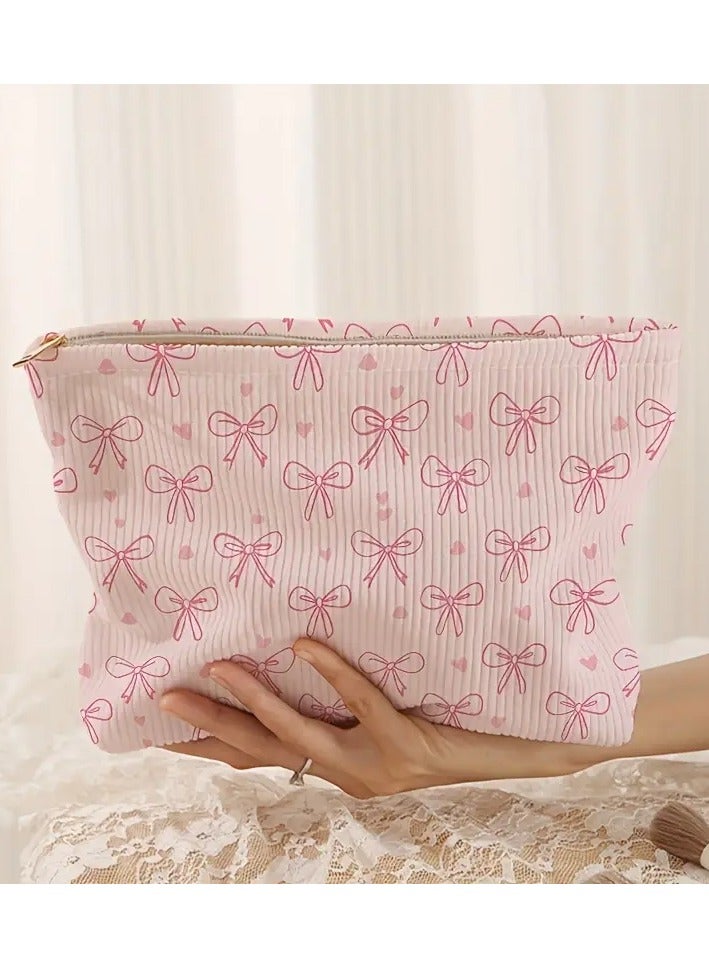 Unique, Chic Bow & Heart Print Corduroy Makeup Bag - Lightweight, Multi-Functional Cosmetic Pouch with Lining for Travel & Toiletries