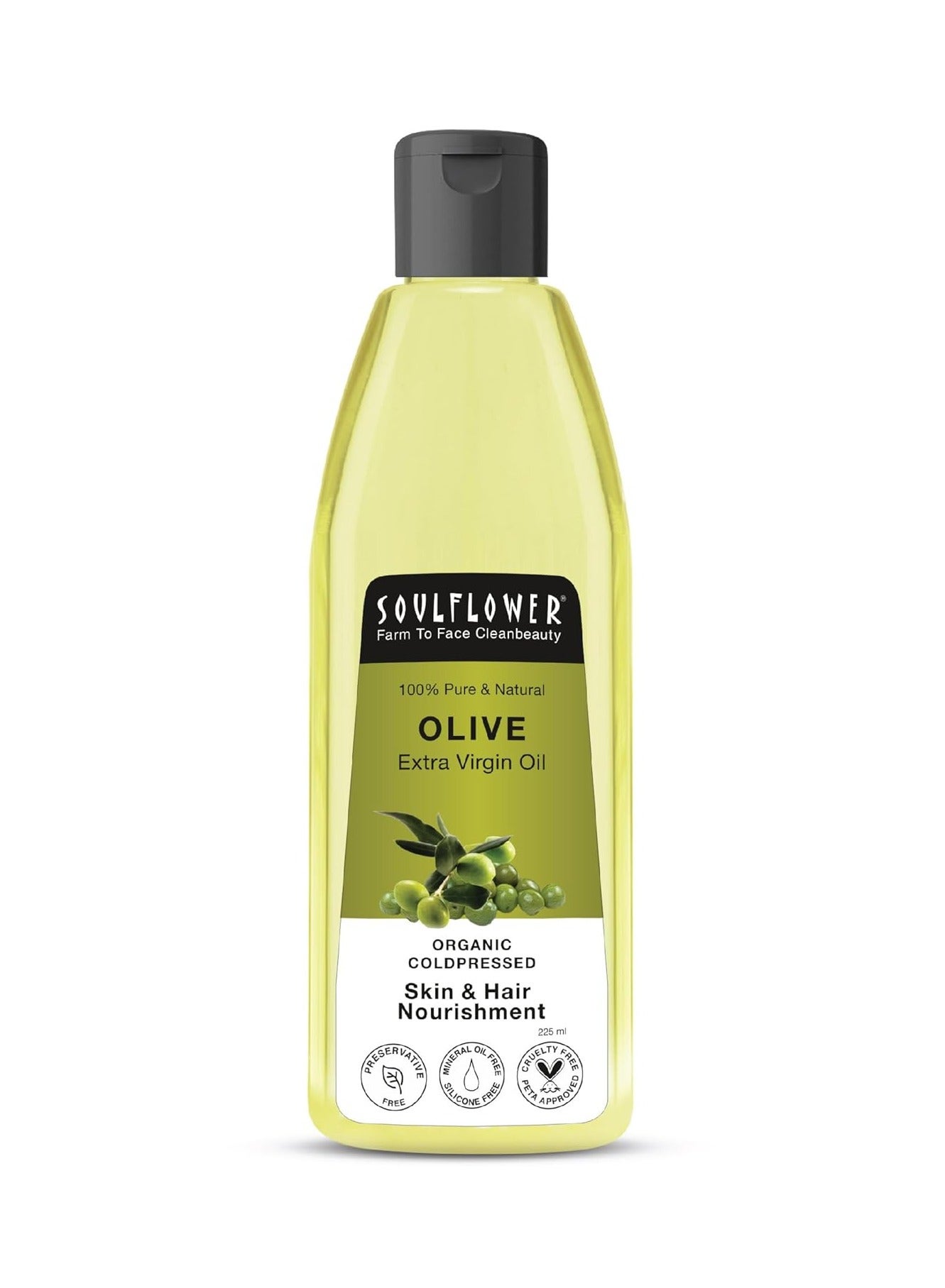 Soulflower Olive Hair & Skin Oil | 225ml | Cold-Pressed Oil for Hair Growth, Face Massage & Deep Moisturization | Reduces Wrinkles, Nourishes Scalp & Strengthens Roots | 100% Pure & Natural with Vitamin E
