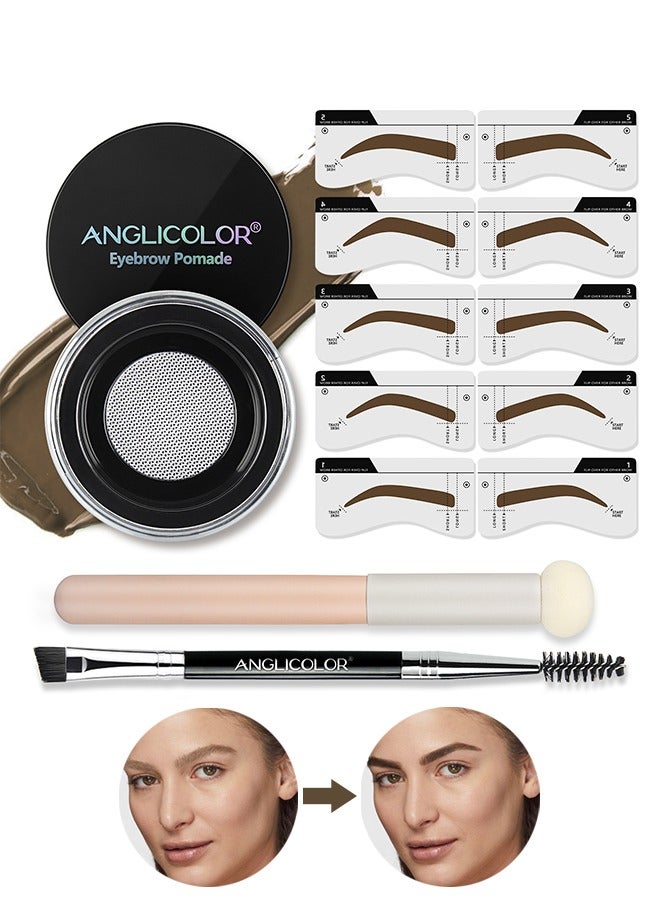 Eyebrow Creams Kit with 10 Reusable Eyebrow Stenci Stencils 2 Brushes, Waterproof Long-Lasting Brow Gel for Perfectly Defined Brows (Soft Brown)