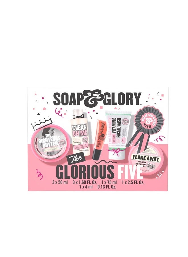 The Glorious Five Gift Set - Righteous Butter Body Butter, Clean On Me Shower Gel, Flake Away Body Scrub, Vitamin C Face Wash, & Pillow Plumping Lip Gloss - Holiday Gift Sets