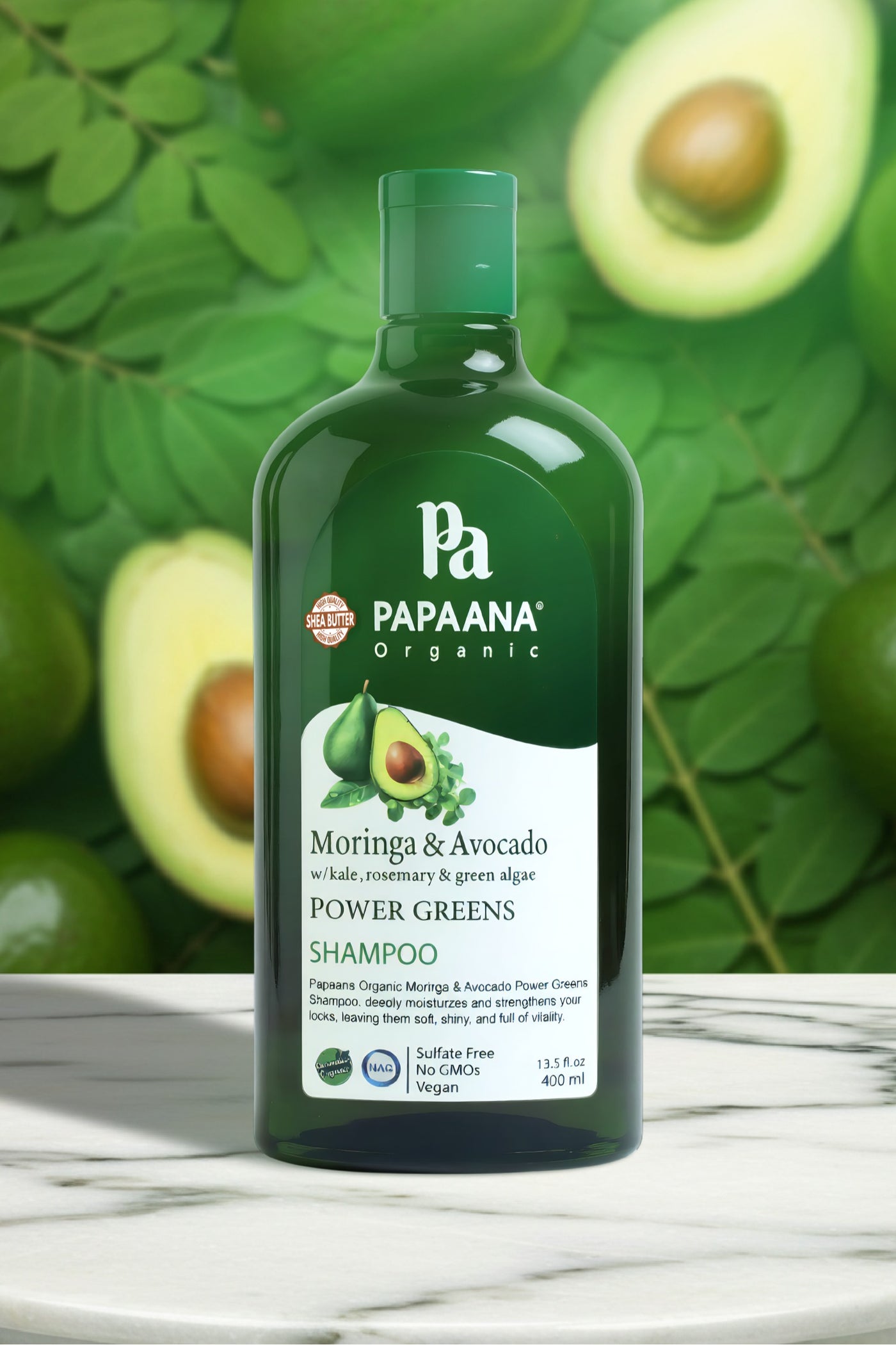Moringa & Avocado with Kale, Rosemary & Green Algae Power Green Shampoo with Shea Butter – 400ml, Nourishing Shampoo