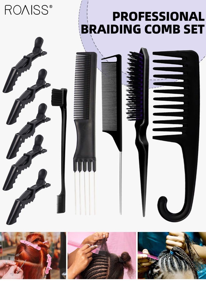 Edge Brush Teasing Brush Hair Comb Set with Wide Tooth Comb Rat Tail Comb Texturizing Comb and Hair Clips for Women Girls Smoothing Combing & Styling Hair (Black)