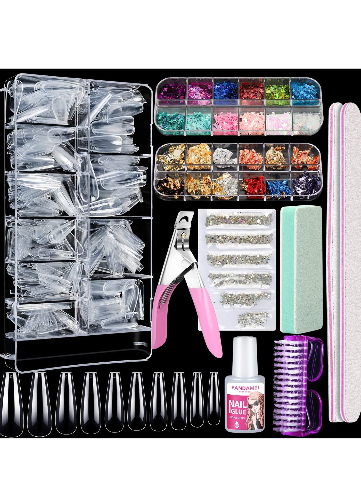 Nail Set, Manicure Piece Set 500pcs Full Cover Clear Fake Nail Tips with Nail Glue, Nail Butterfly Glitter, Nail Foil Chip, Ab Nail Rhinestones for Nail Salons and Diy Nail Art