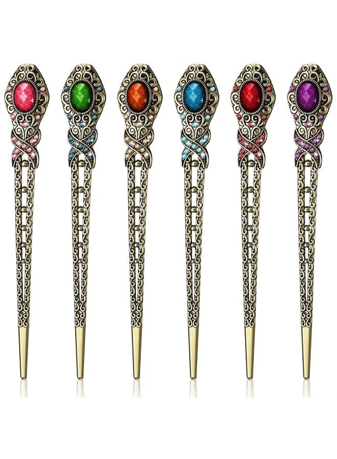 6 Pieces Vintage Rhinestone Hair Sticks Hair Chinese Chopsticks Retro Chignon Pins Stylish Bun Hair Sticks Traditional Hair Accessories for Women Girls Hair Styling Decorations, 6 Colors