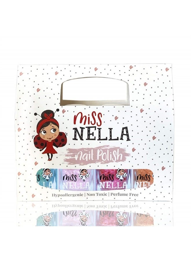 Miss Nella MAGIC COLLECTION Glitter Nail Polish for kids, set of 4: ABRACADABRA (pink), SHAZAM (red), OPEN, SESAME (gold) & BIBIDI BOBIDI BOO (blue silver) Peel- Off nail varnish for toddlers