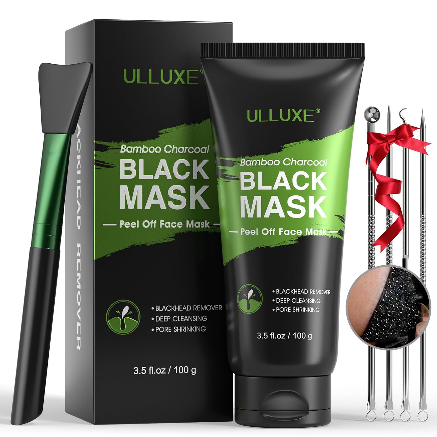 ulluxe Blackhead Remover Mask Kit, Charcoal Peel Off Mask for Face Nose Blackheads Acne and Deep Pores Cleansing, Black Face Mask Peel, Charcoal Mask with Brush and Pimple Extractors, (3.5 Fl.oz)