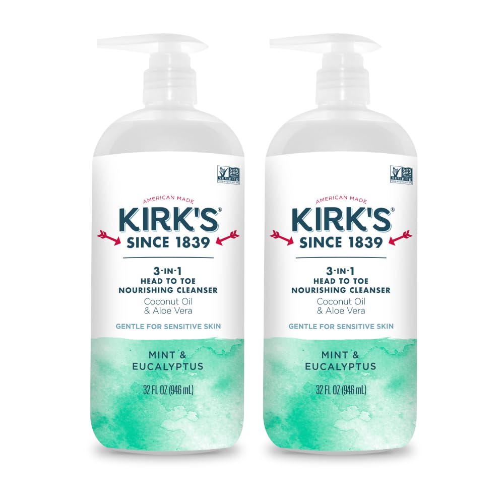 Kirk's 3-in-1 Head to Toe Nourishing Liquid Cleanser - for Men, Women, & Children - Premium Coconut Oil & Aloe Vera - Non GMO & Vegan - Mint and Eucalyptus - 32 Fl Oz. 2 pack
