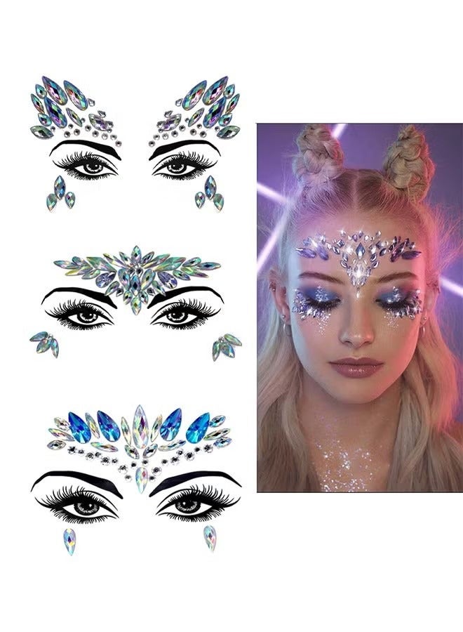 3 Sets Makeup Ball Face Decoration Face Jewels Stickers Face Gems Temporary Tattoo Stickers Face Crystal with Acrylic Diamond Face patch for Festival Rave Carnival Party Dance Party