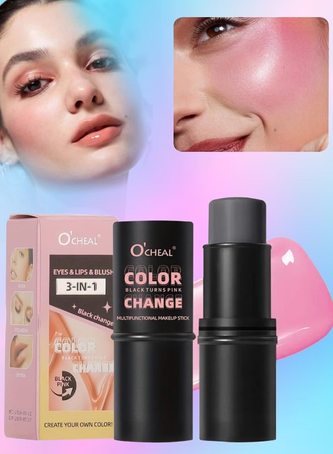 3 in 1 Blush Eyeshadow and Lipstick Makeup Stick Multifunctional Eyes Lips and Blush Color Change from Black to Pink Make Up Stick All Skin Color Changing Lipstick Eyeshadow and Blusher Stick