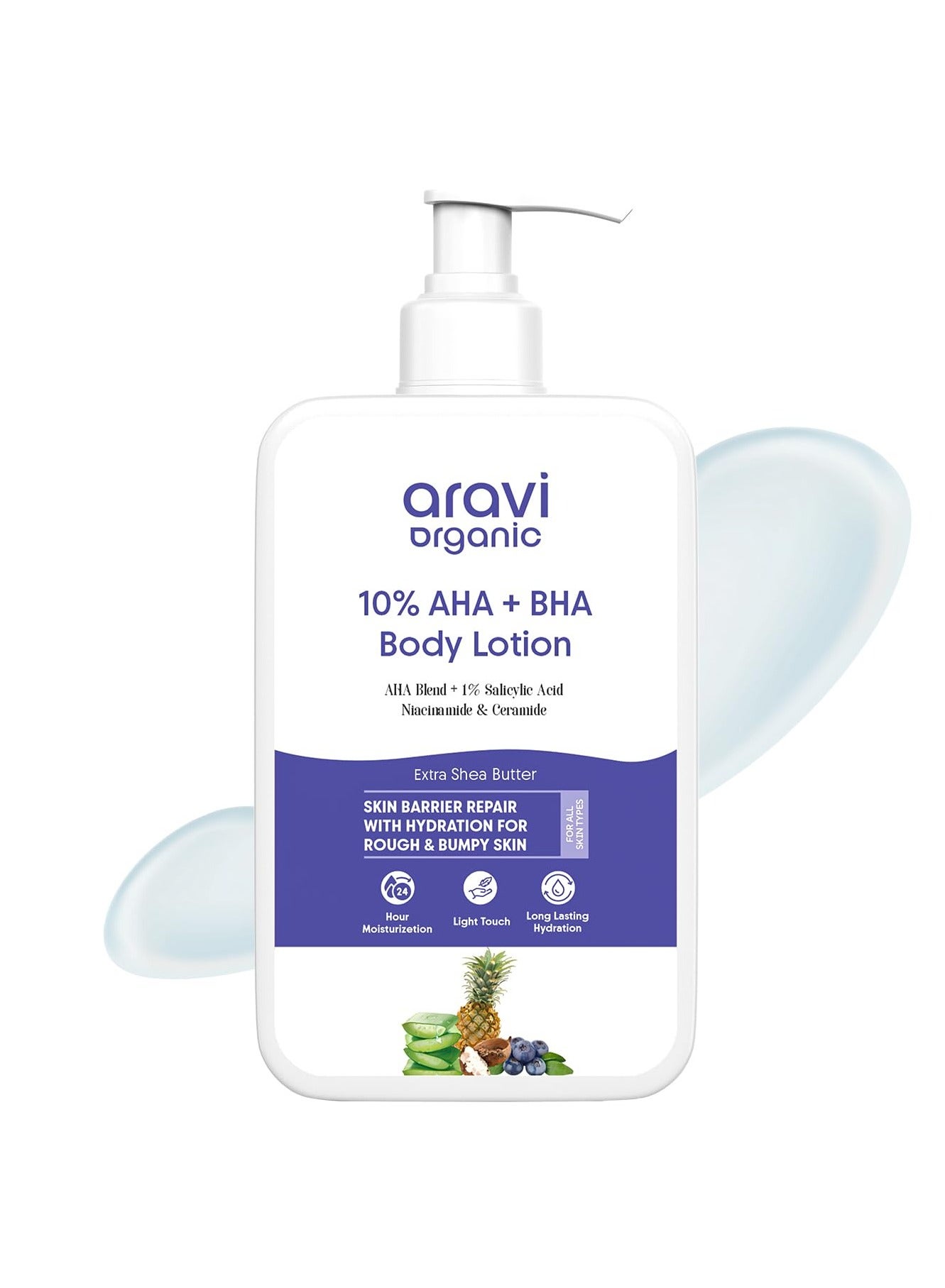 Aravi Organic 10% AHA + 1% BHA Body Lotion For Exfoliation - Treats Strawberry Legs & Bumpy Skin With Ceramide - Skin Brightening Lotion With Niacinamide and Shea Butter - 200 ml