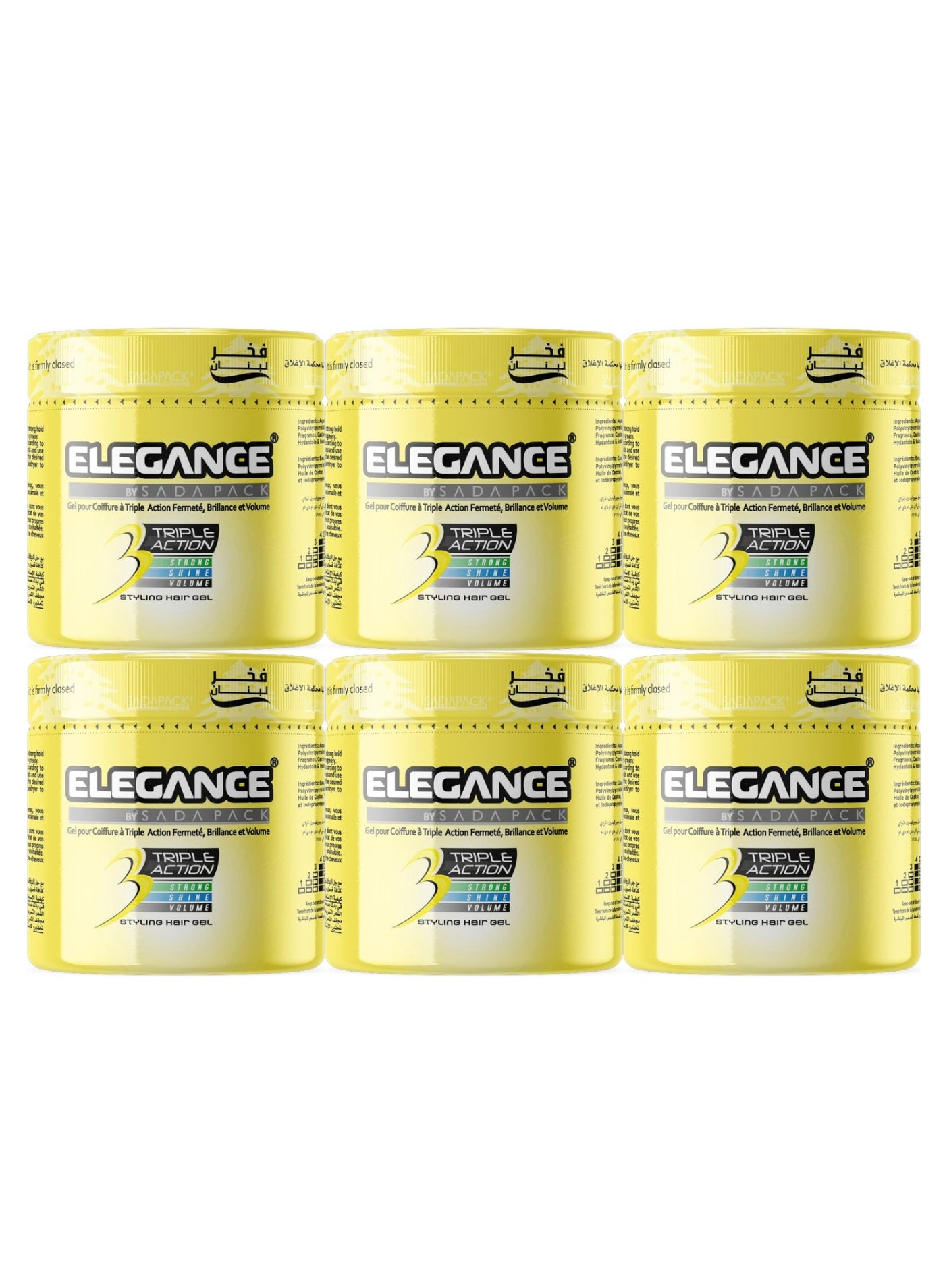 Elegance Triple Action Hair Gel – Yellow – 250ml – Pack of 6 | Strong Hold, Shine & Volumizing Styling Control