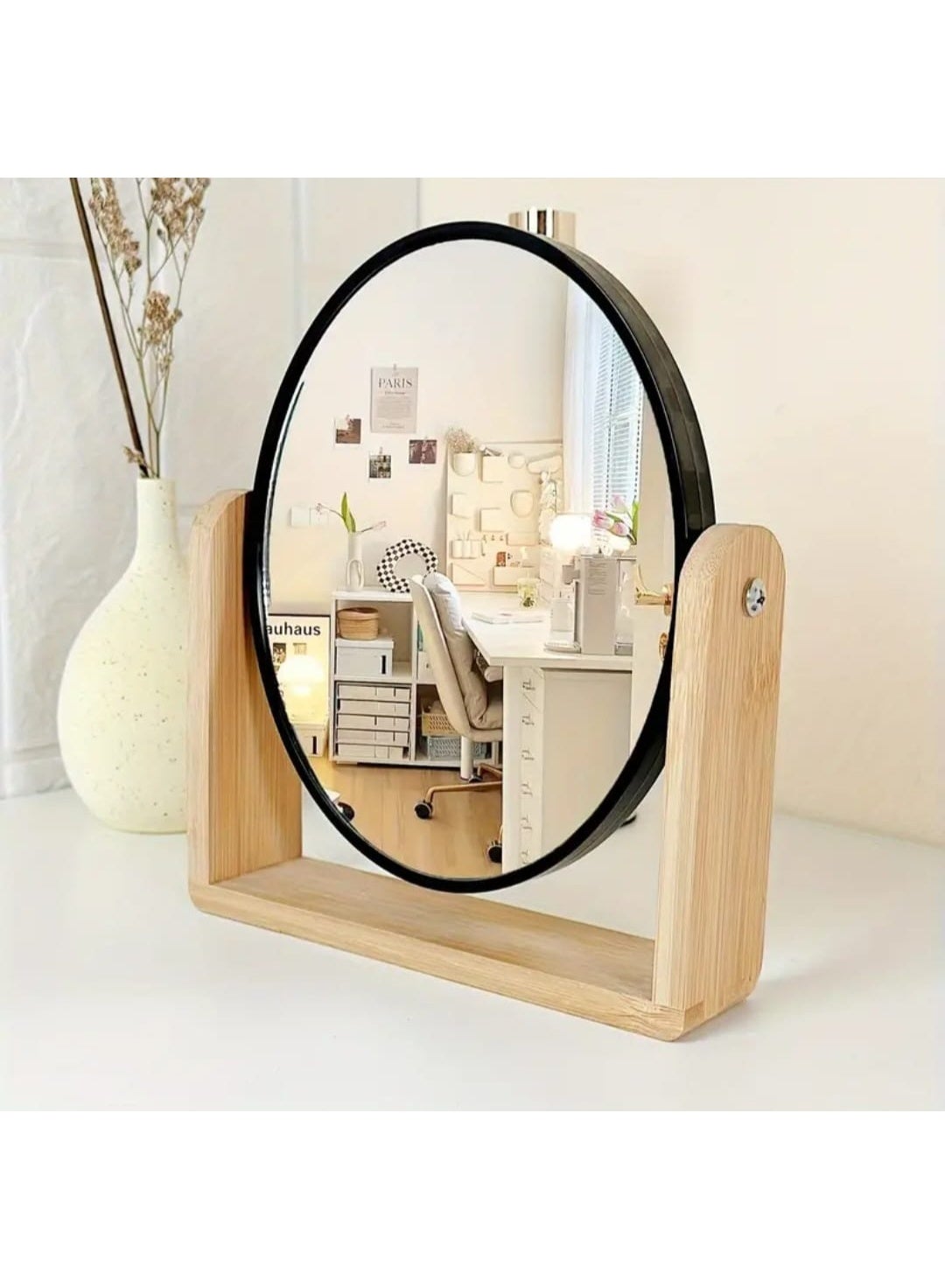 1 Pcs Elegant Wooden Frame Double - Sided Makeup Mirror With Magnification Rotating, Simple Desk Stand Design, Ideal For Home Vanity Use, Makeup Vanity Desk
