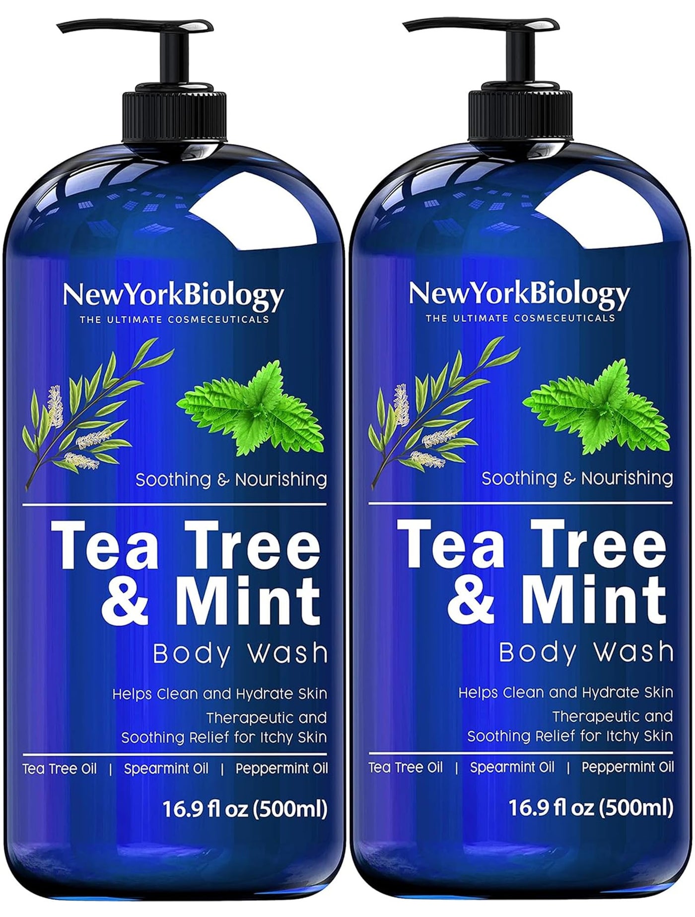 New York Biology Tea Tree Mint Body Wash for Men and Women - Moisturizing Body Wash Helps Soothe the Skin - Refreshing and Hydrating Cleanser for Body and Feet - 16.9 Fl Oz (Pack of 2)