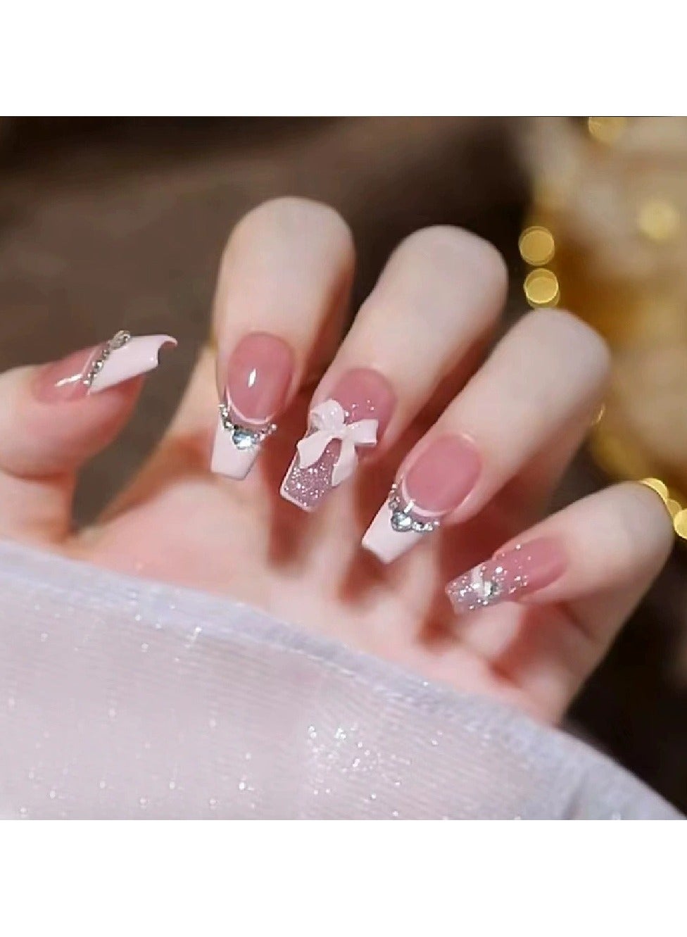 French Bow Bling Heart Diamond Press On Nails – Detachable Long Ballerina Fake Nail Tips, Reusable, Sparkling Party/Formal Events